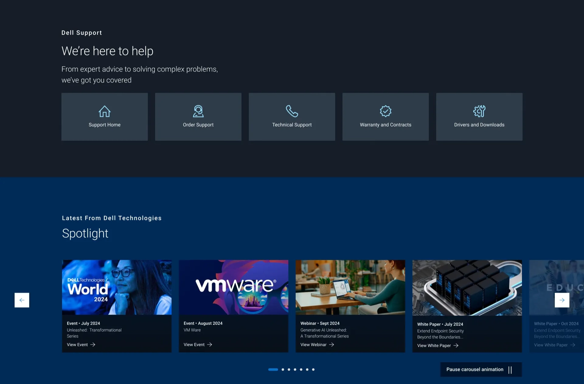 Final homepage: support and spotlight sections