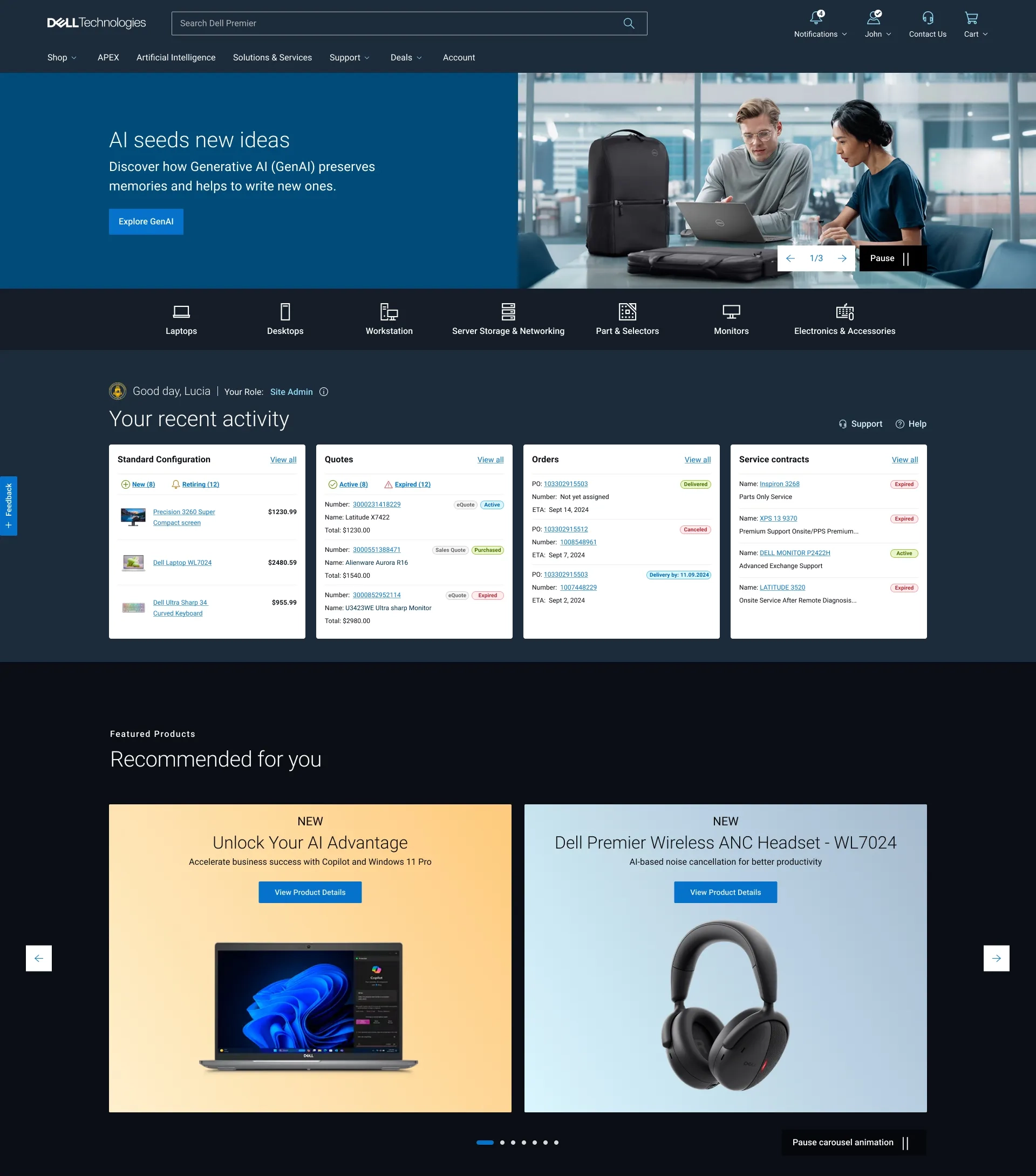 Final homepage: quick access and key customer information