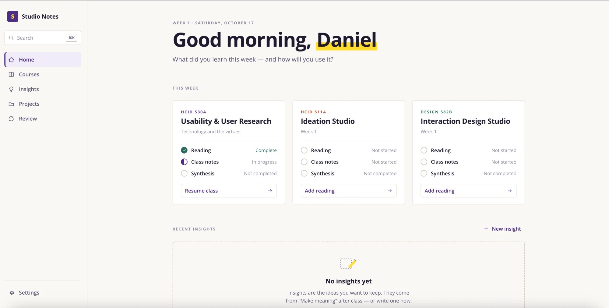 Studio Notes home screen showing this week’s courses and insights